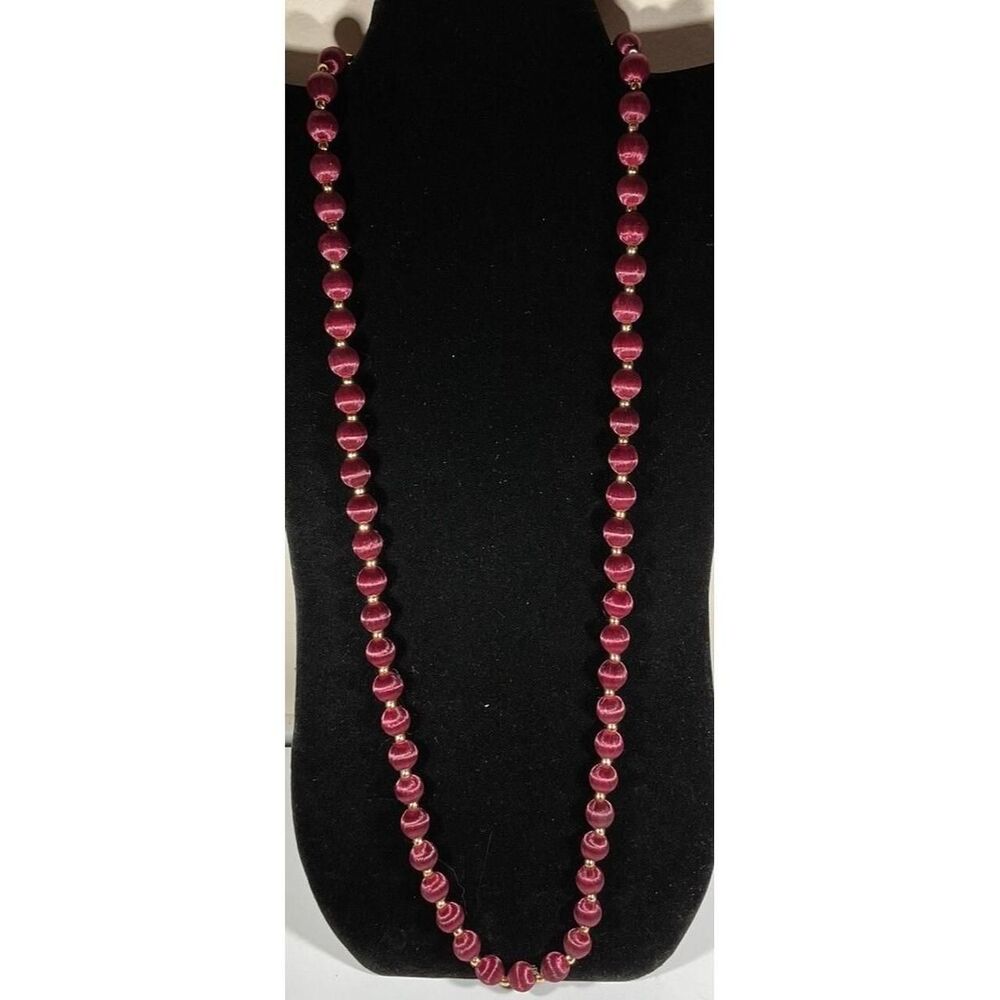 Vintage Silk Wrapped Maroon Color Necklace Gold Tone Spacers 15" Classic Beauty